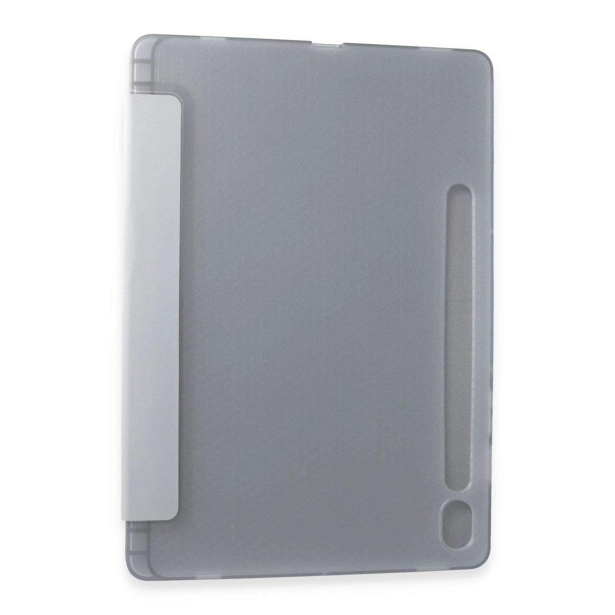 Yarı saydam şeritli ve kesimli gri tablet kılıfı.