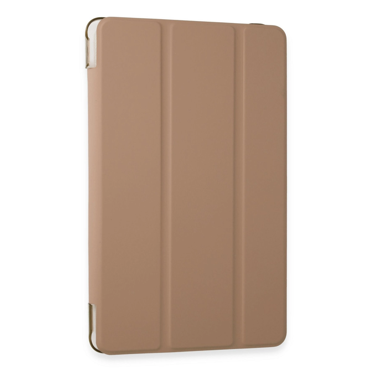Üç dikey katlanmış kahverengi tablet kılıfı.