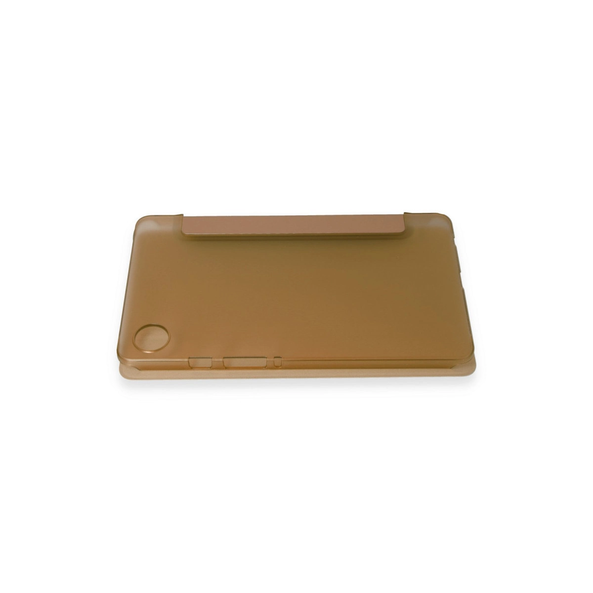 Standlı şeffaf kahverengi tablet kılıfı.