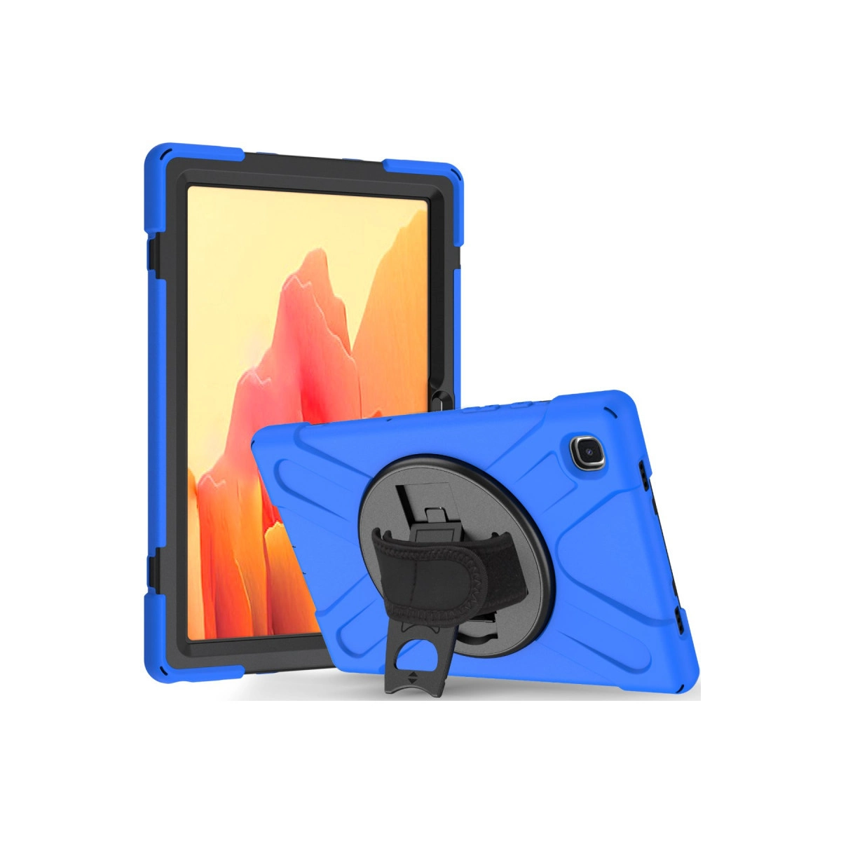 İki mavi tablet kılıfı. Biri dik duruyor, diğeri stantlı yatıyor.