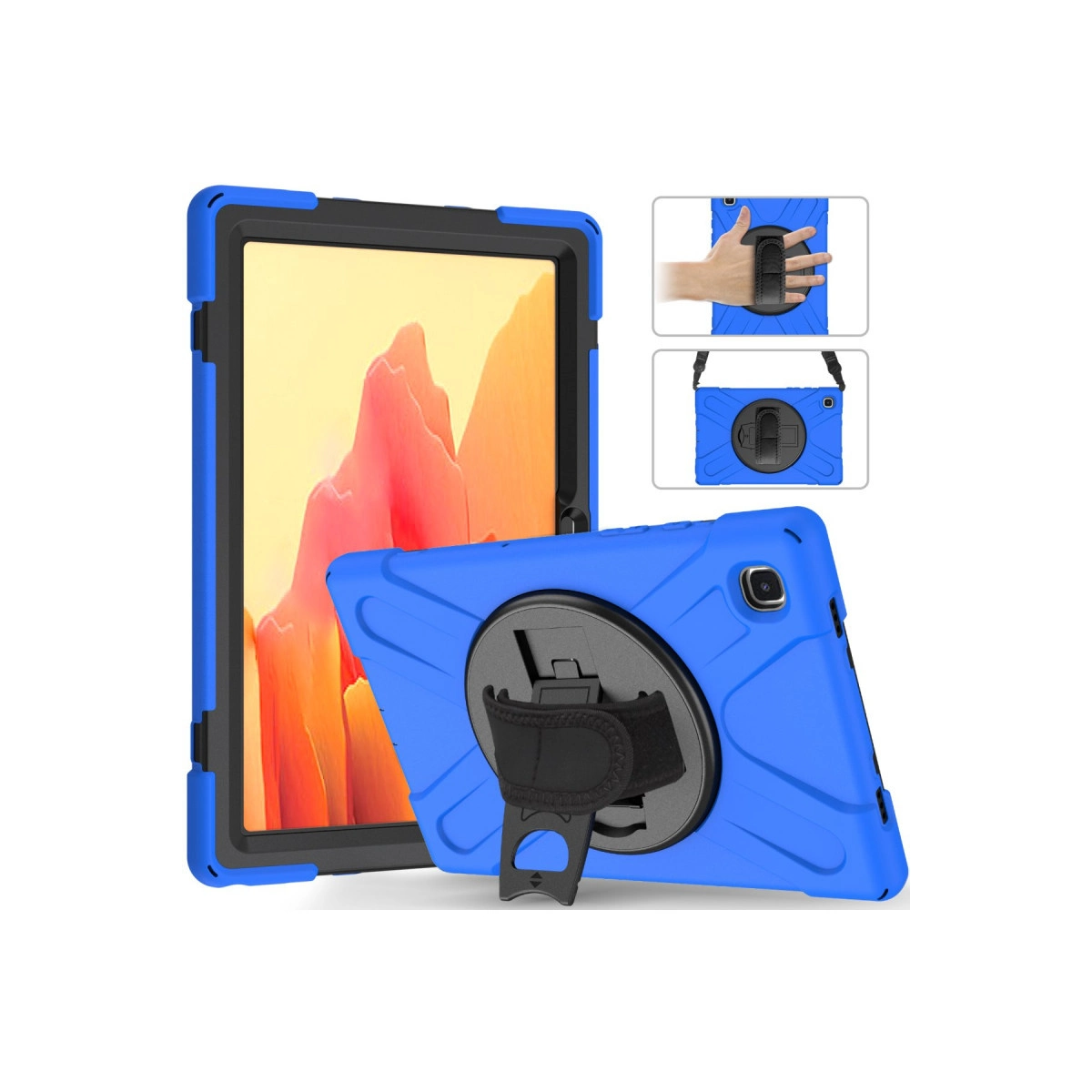 Standlı ve tutamaklı mavi tablet kılıfı, ön ve arka görünümler.