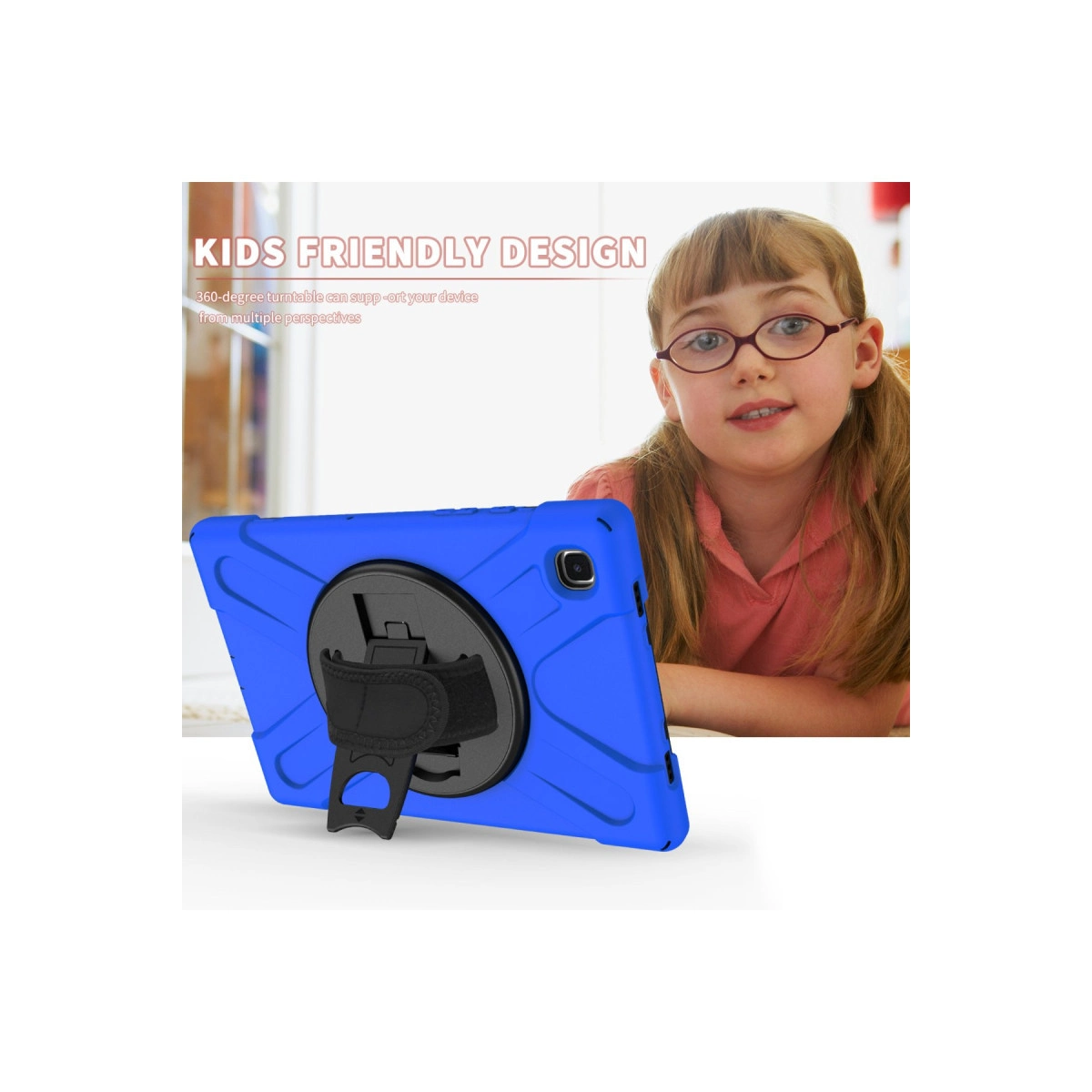 Bir kızın yanında, stantlı, çocuk dostu kılıfta mavi tablet.
