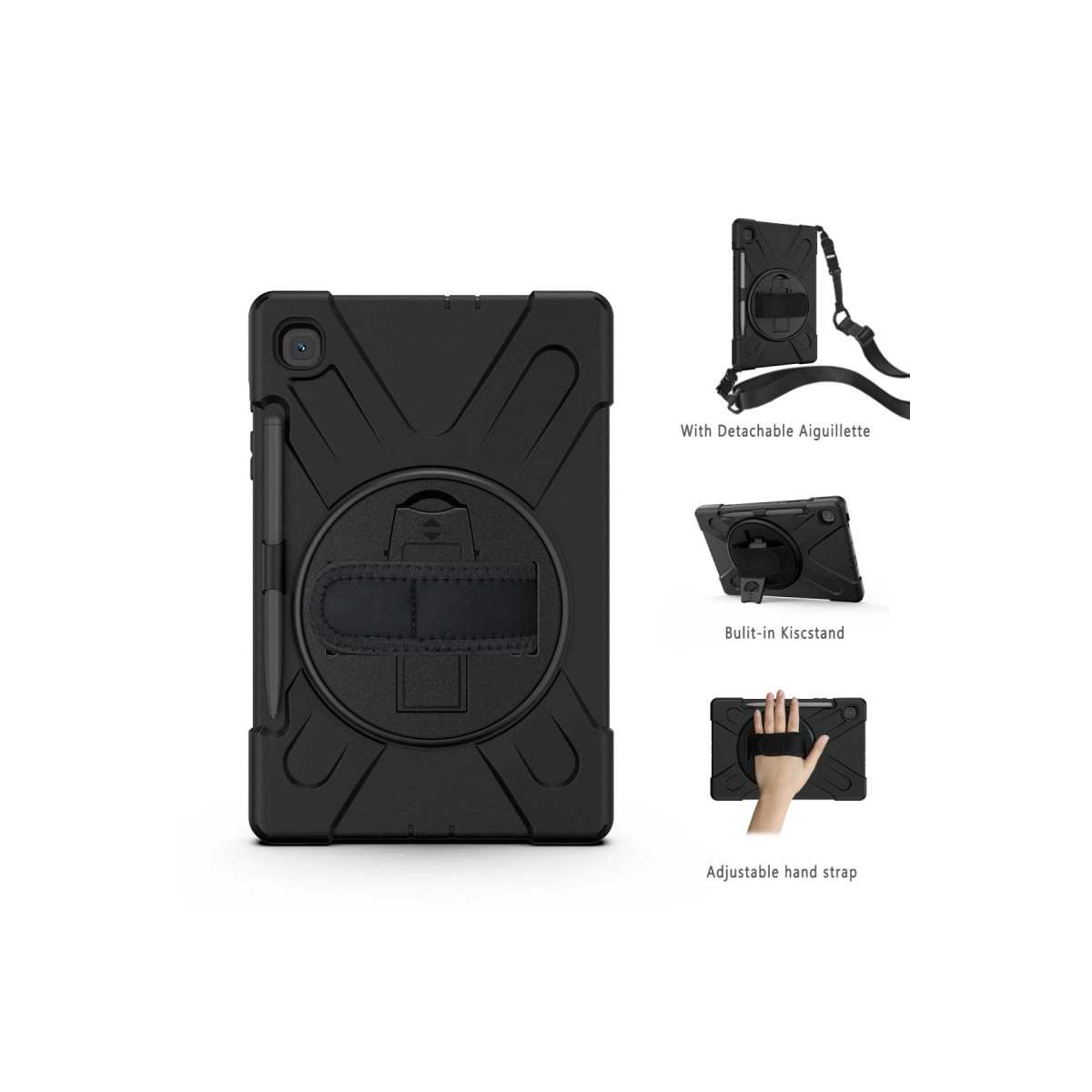 Çıkarılabilir askılı, stantlı ve el kayışlı siyah tablet kılıfı.