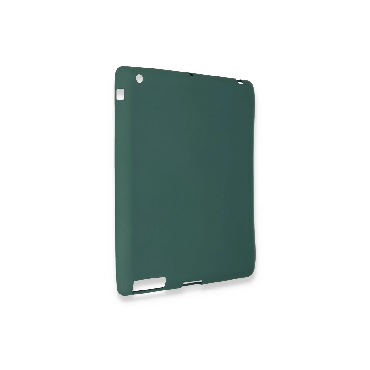 Koyu yeşil tablet kılıfı, kamera ve düğmeler için kesiklere sahip.