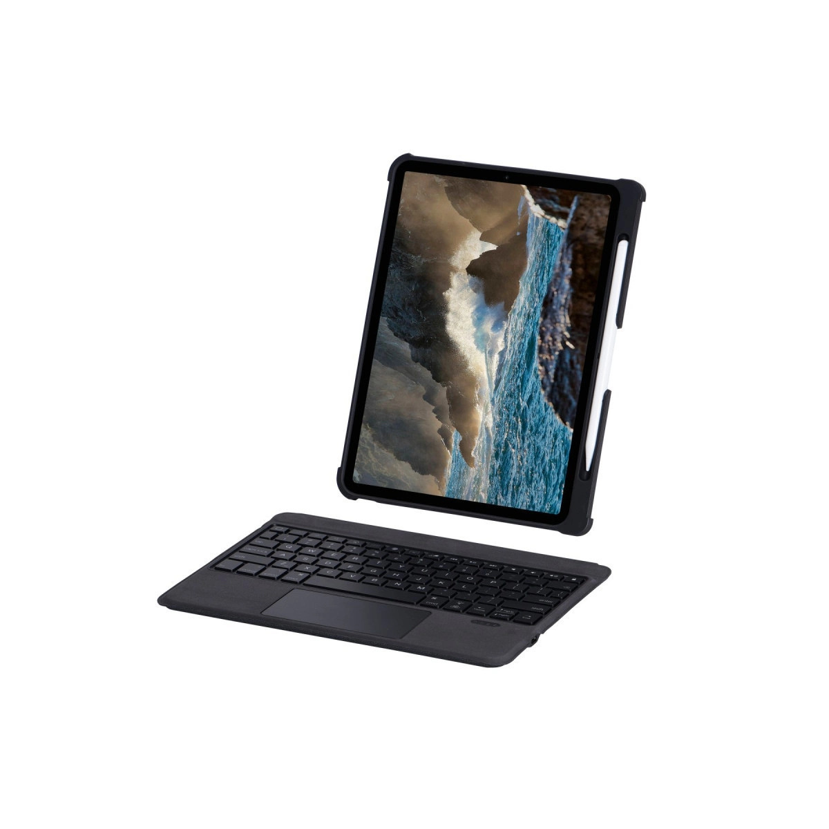 Dalgalar gösteren tablet, yanında klavye.