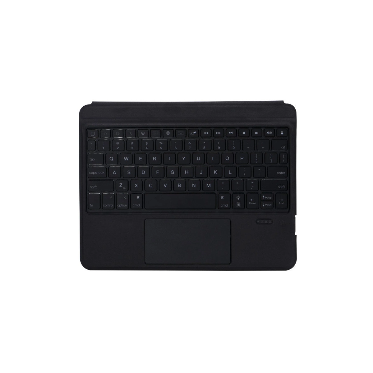 Entegre trackpad ve fonksiyon tuşlarına sahip siyah bir klavye.