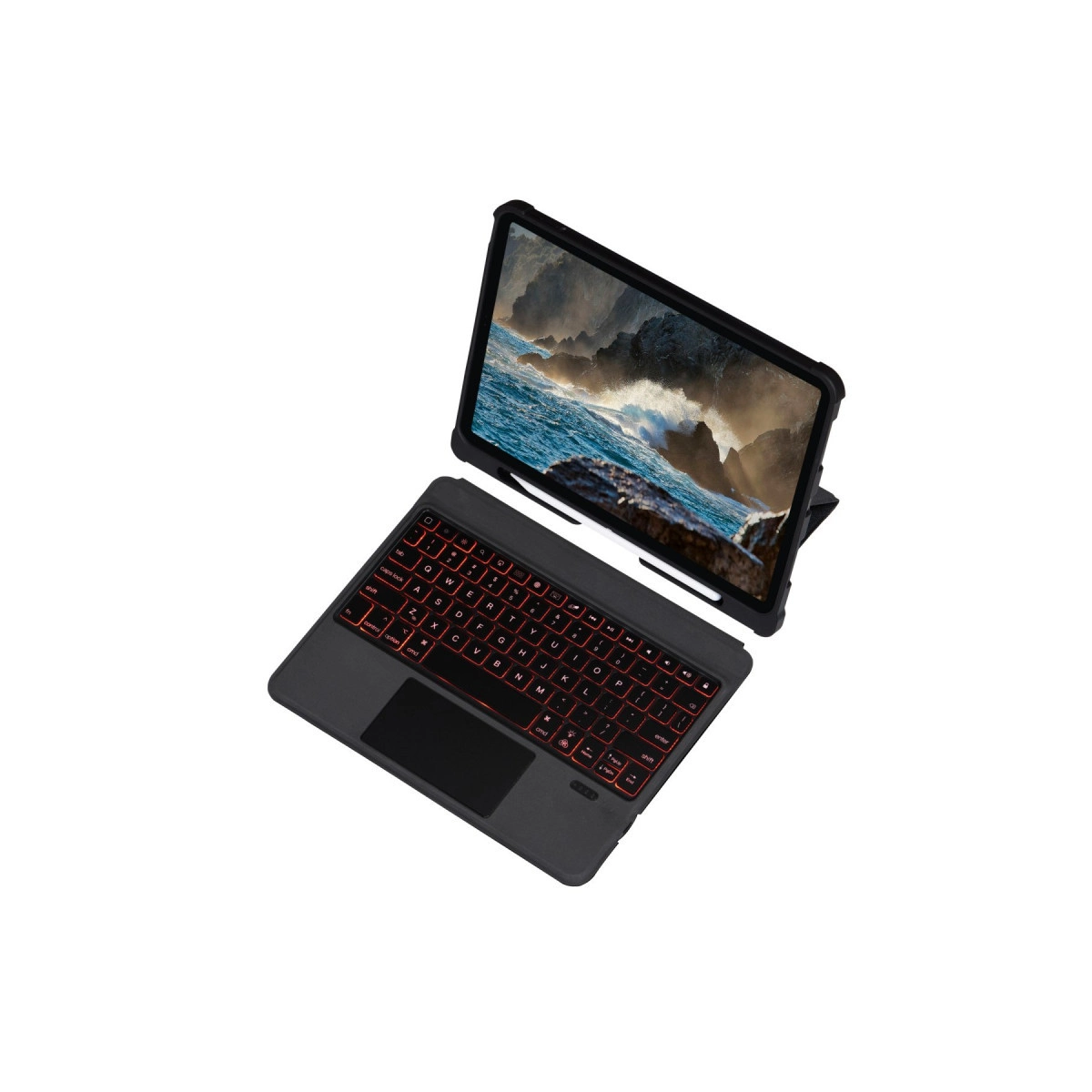 Ekranında dalga manzarası gösteren klavyeli bir tablet.