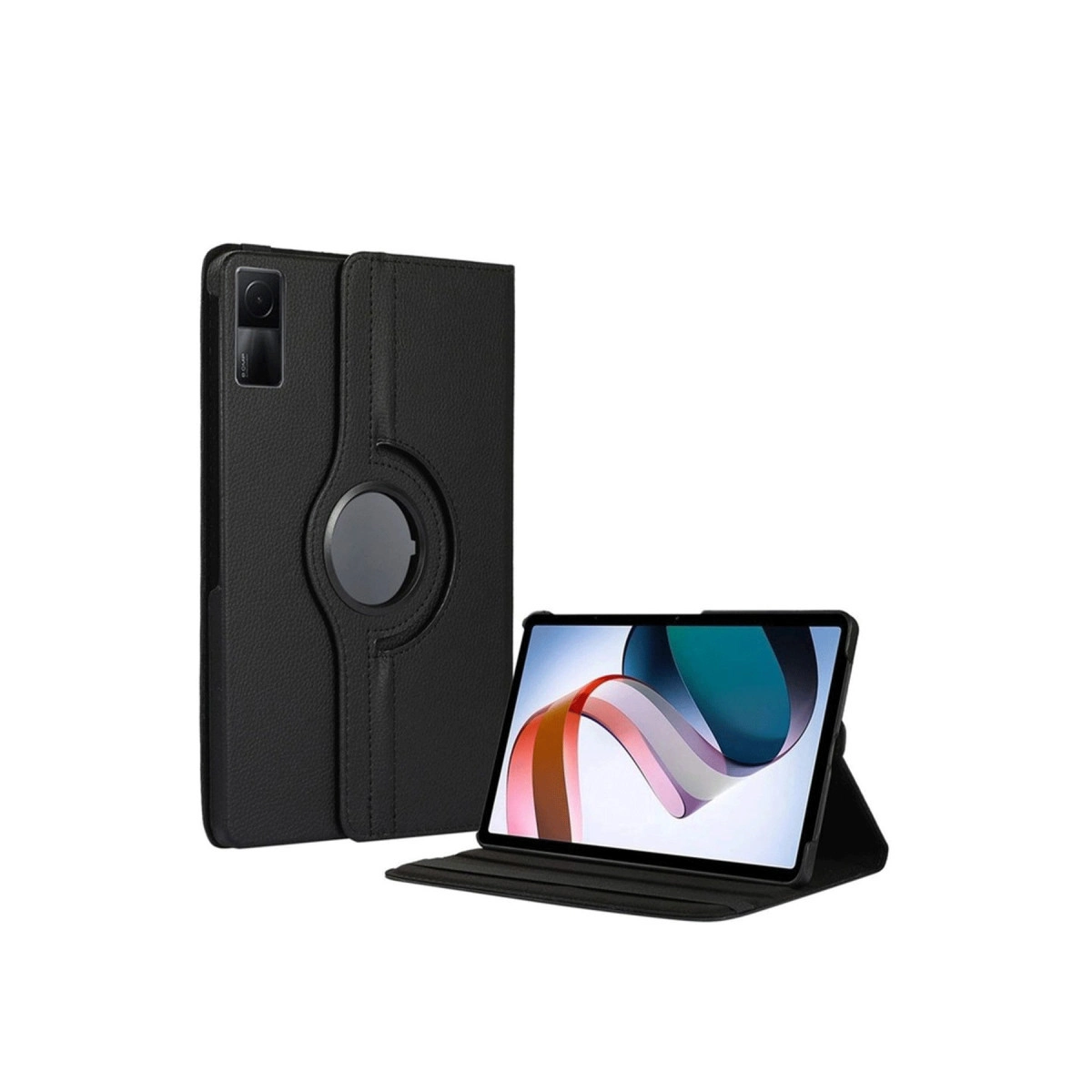 Renkli soyut duvar kağıtlı bir tabletin yanında siyah bir tablet kılıfı gösteriliyor.