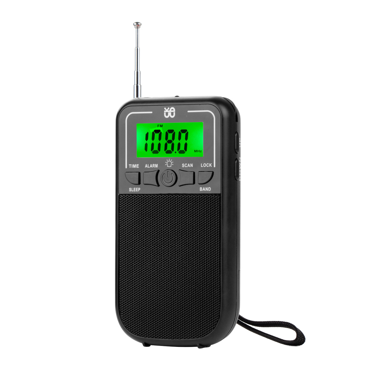 Ein schwarzes tragbares Radio mit ausgefahrenem Antennenstab und grünem LCD-Display.