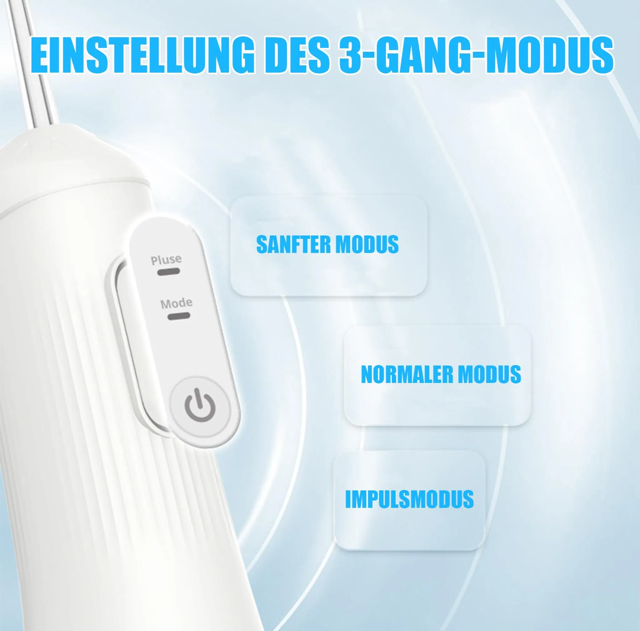 Ein weißer Wasserrad-Reiniger mit drei Modi: Sanft, Normal und Puls.