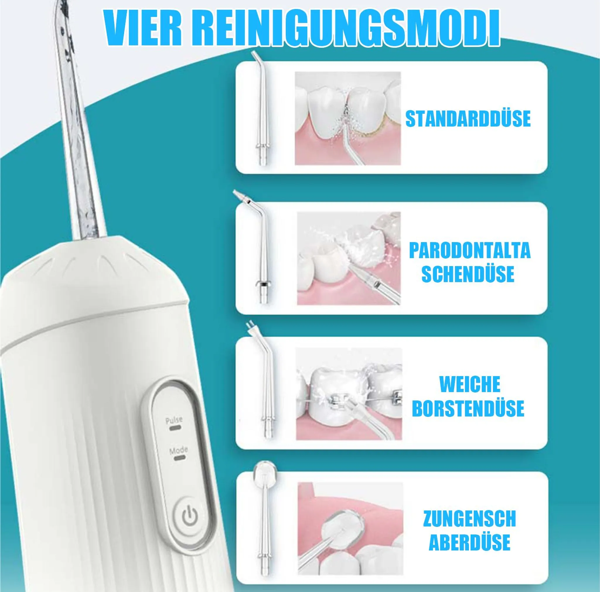 Weißer Munddusche mit 4 Reinigungsmodi: Standard, Parodontal, Weichbürste, Zungenreiniger.