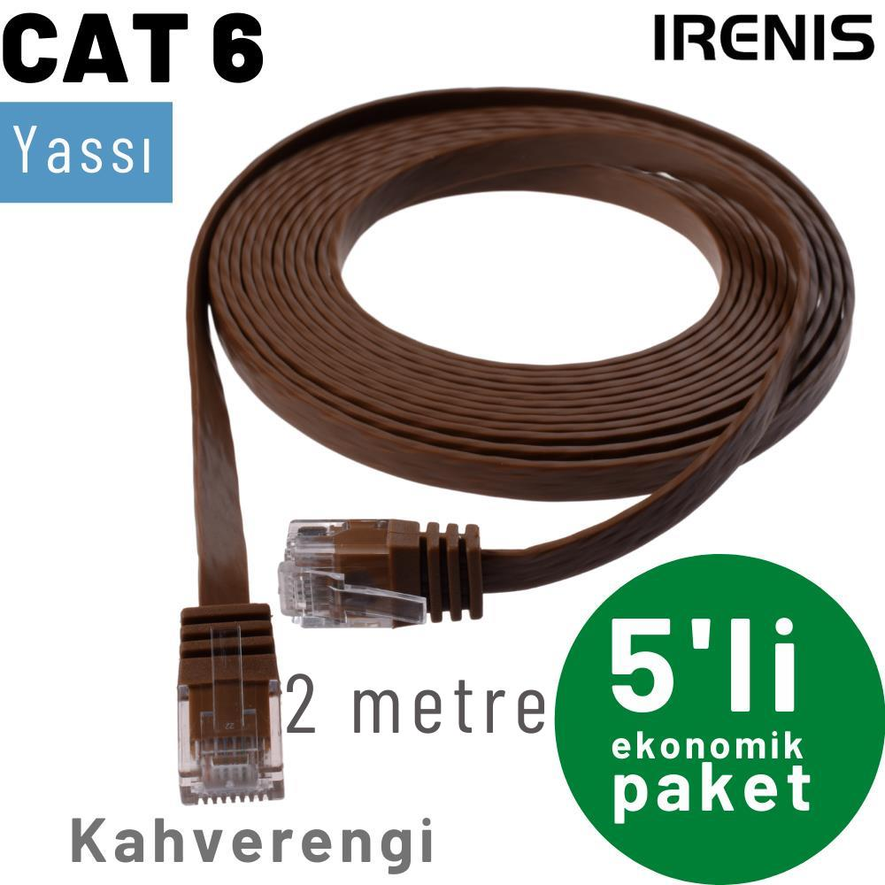 Kahverengi, yassı CAT 6 ağ kablosu, 2 metre uzunluğunda, RJ45 konnektörlü.