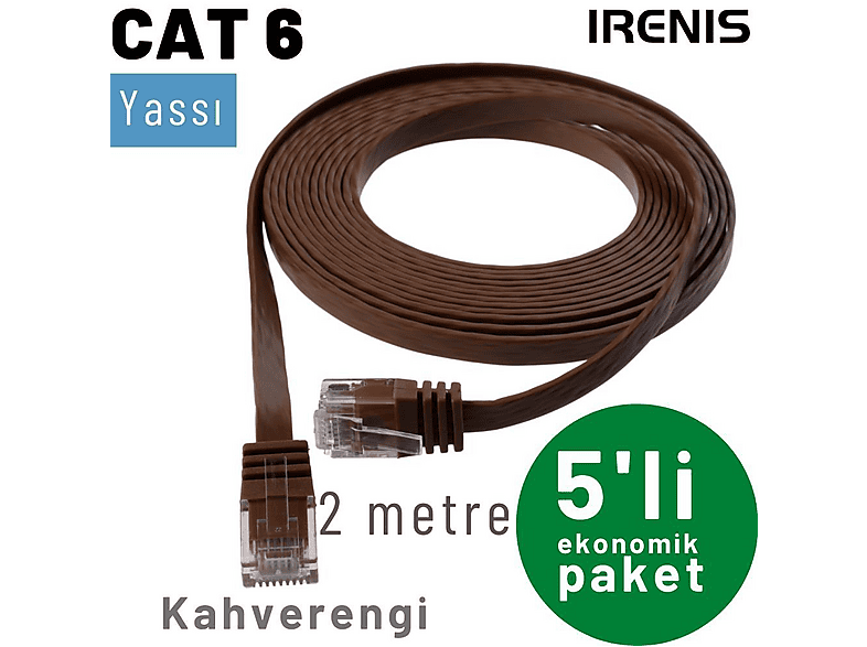 IRENIS 5 Adet 2 m CAT6 Kablo Yassı Network Lan Ağ İnternet Ethernet Kablosu