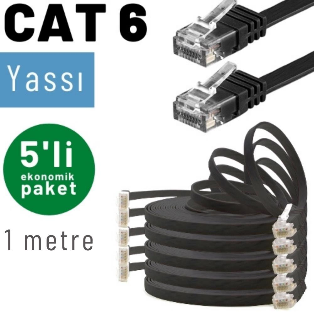 Düz CAT 6 ağ kabloları, siyah, 1 metre uzunluğunda, 5'li paket.