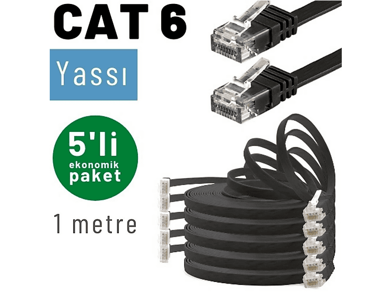 IRENIS 5 Adet 1 m CAT6 Kablo Yassı Network Lan Ağ İnternet Ethernet Kablosu