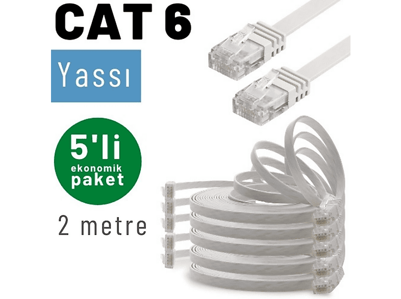 IRENIS 5 Adet 2 m CAT6 Kablo Yassı Network Lan Ağ İnternet Ethernet Kablosu