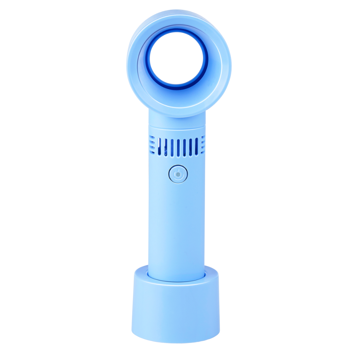 Un ventilateur bleu clair sans lames avec une sortie ronde et un support.