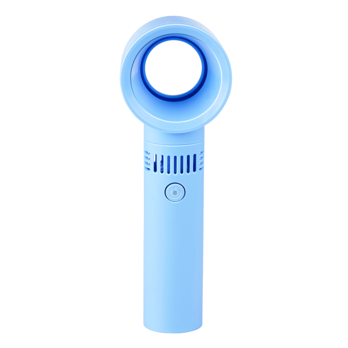 Un ventilateur portable bleu avec une entrée circulaire et une poignée.