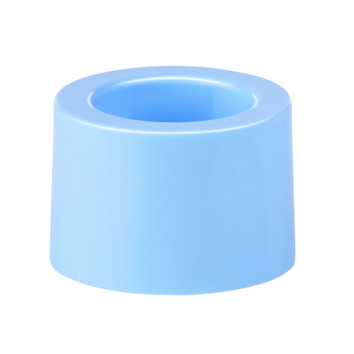 Un récipient cylindrique bleu clair avec une ouverture ronde sur le dessus, sur fond blanc.