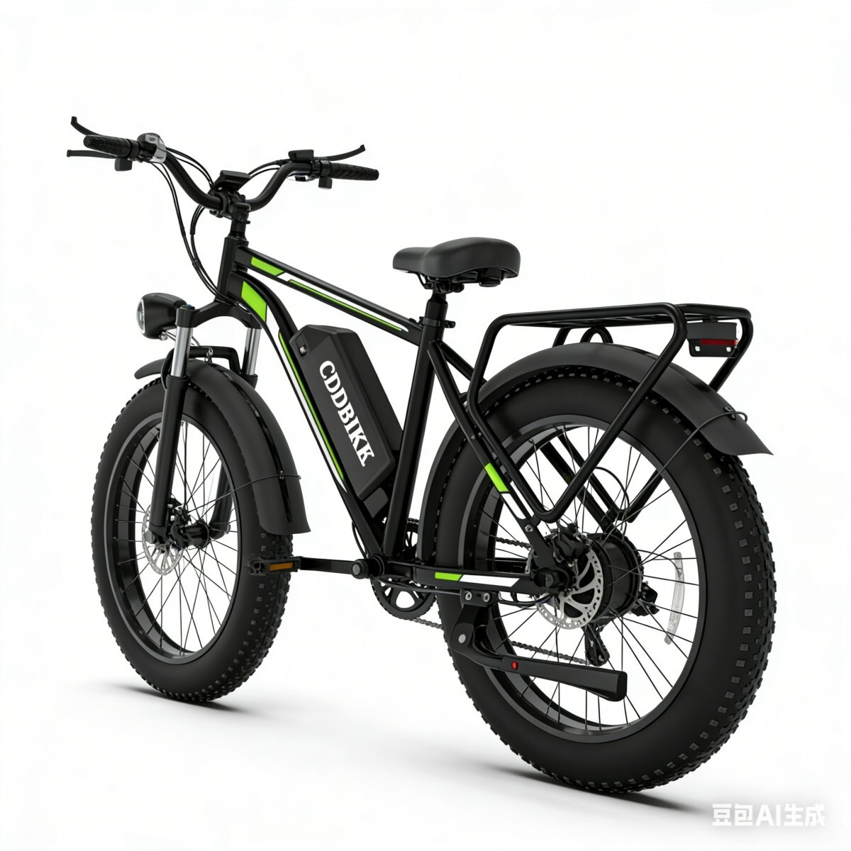 Czarny rower elektryczny fat bike z zielonymi akcentami i bagażnikiem.