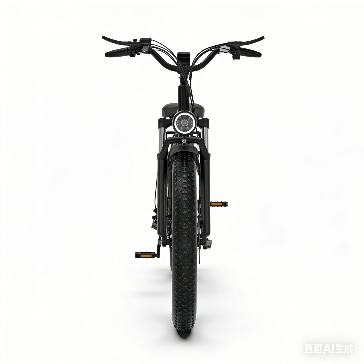 Czarny rower elektryczny z grubymi oponami i okrągłym reflektorem.