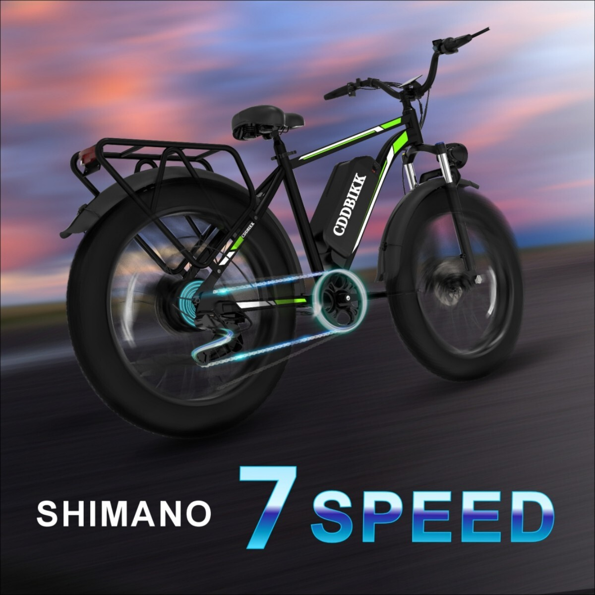 Czarny rower elektryczny z szerokimi oponami, bagażnikiem i logo 'CDDBIKK'.