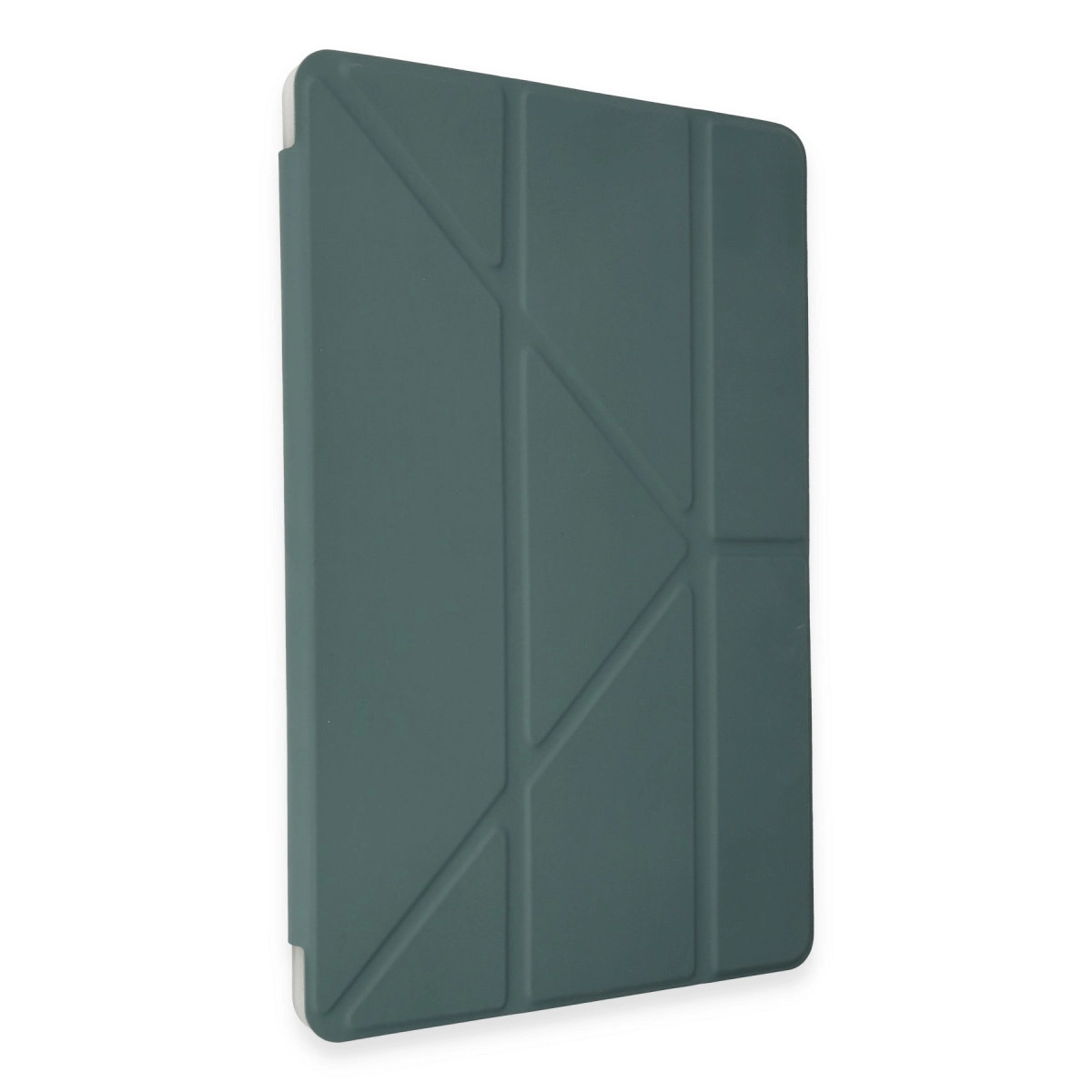 Beyaz arka plan üzerinde geometrik desenli koyu yeşil tablet kılıfı.