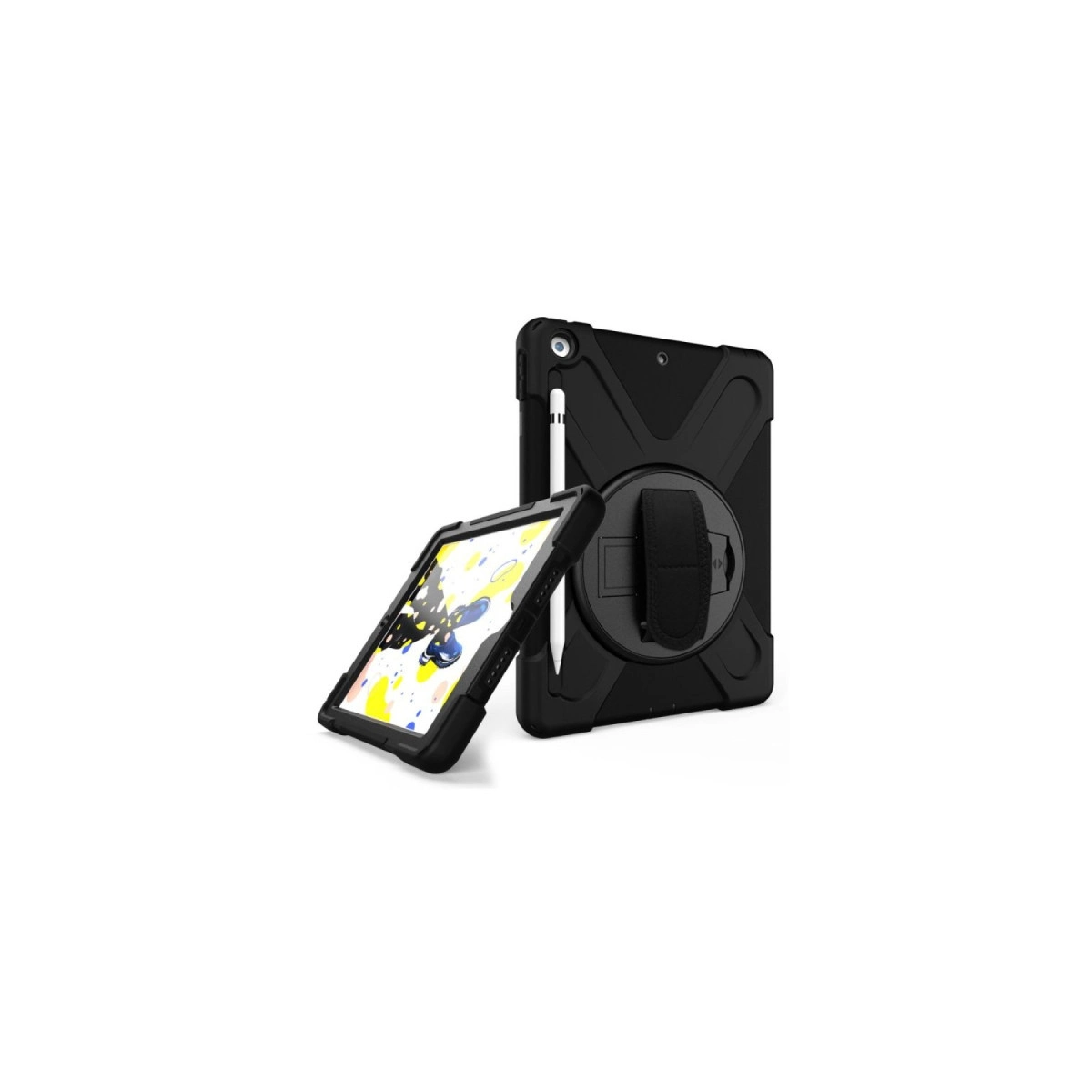 İki siyah tablet kılıfı, biri dik, diğeri yan yatırılmış.