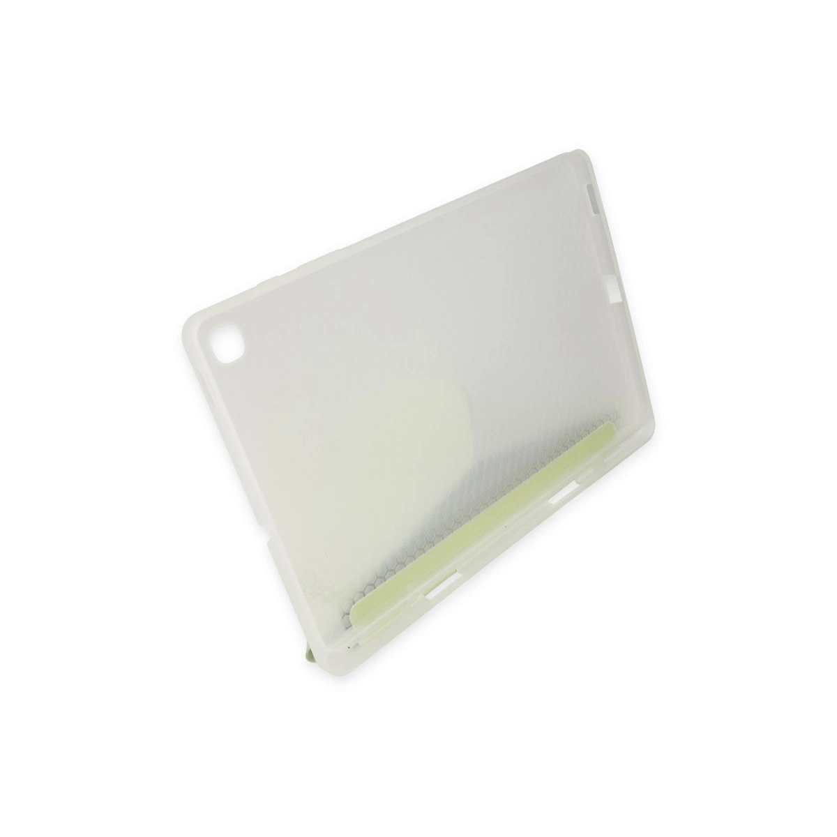 Beyaz arka plan üzerinde kamera kesimli, yarı saydam tablet kılıfı.