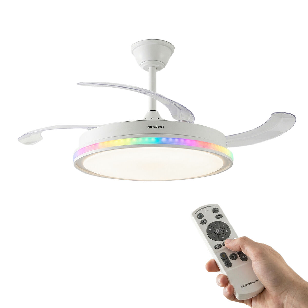 Ein weißer Deckenventilator mit ausziehbaren Flügeln und RGB-Beleuchtung wird gezeigt.
