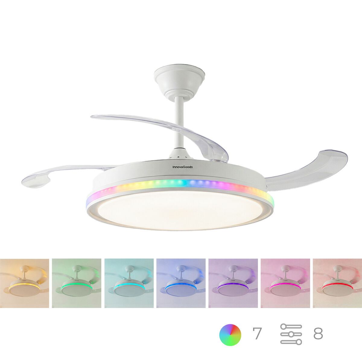 Ein weißer Deckenventilator mit ausziehbaren Flügeln und farbiger LED-Beleuchtung.