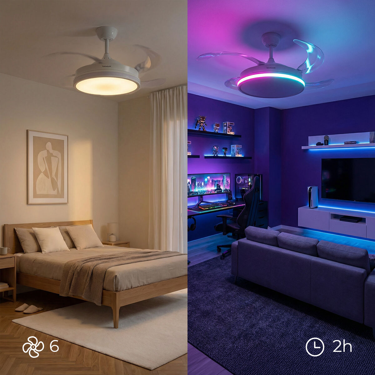 Geteiltes Bild: Links ein Schlafzimmer mit Deckenventilatorlampe, rechts ein Gaming-Raum mit RGB-Beleuchtung.