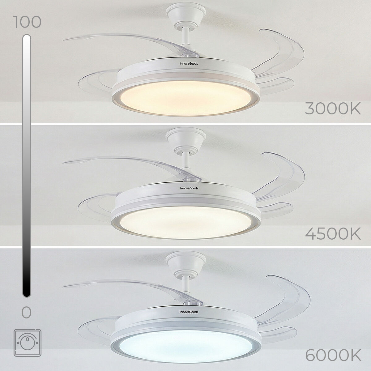 Deckenventilator mit Beleuchtung in drei Farbtemperaturen: 3000K, 4500K, 6000K.