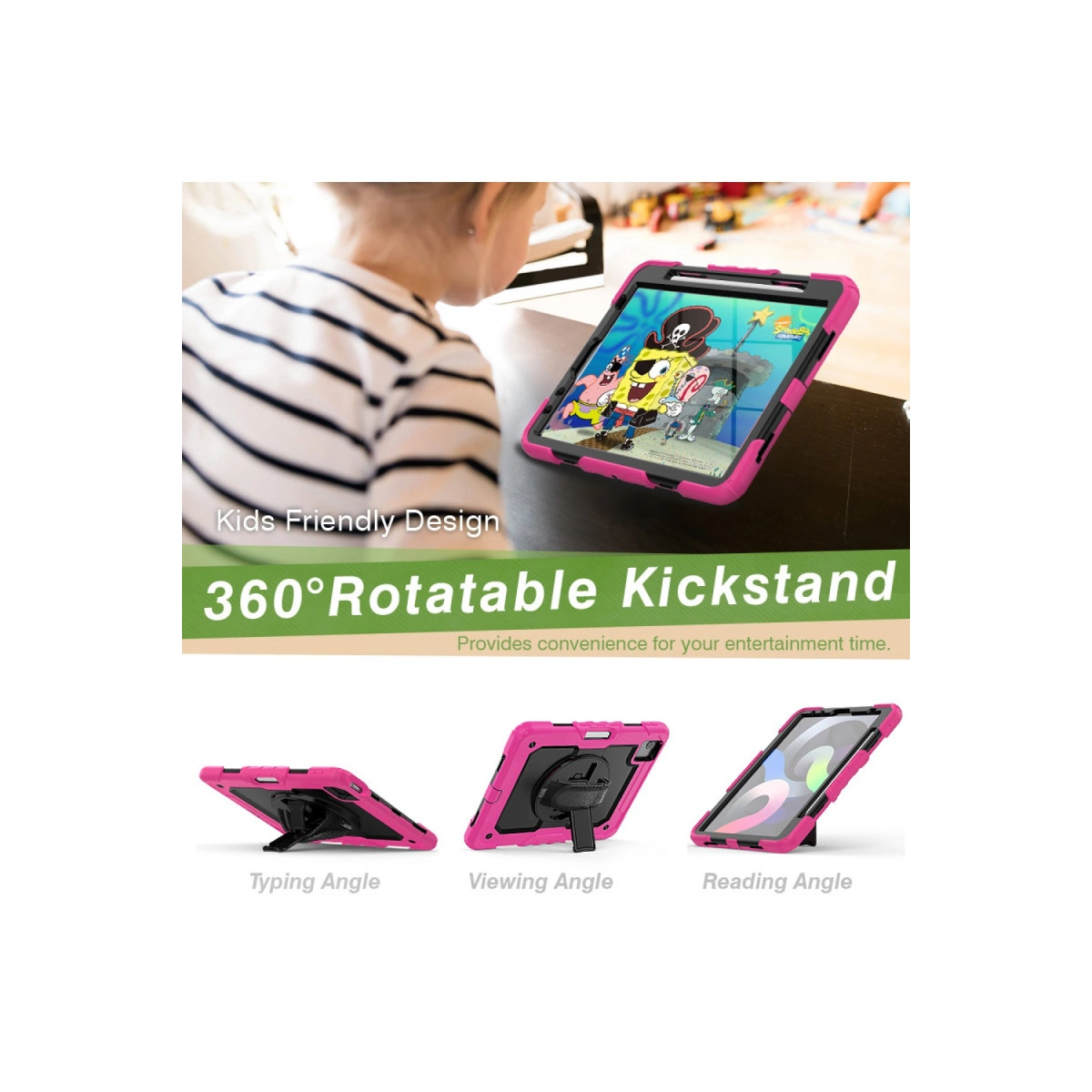 Yazma, izleme ve okuma açılarında gösterilen pembe tablet standı. Çocuk dostu tasarım.