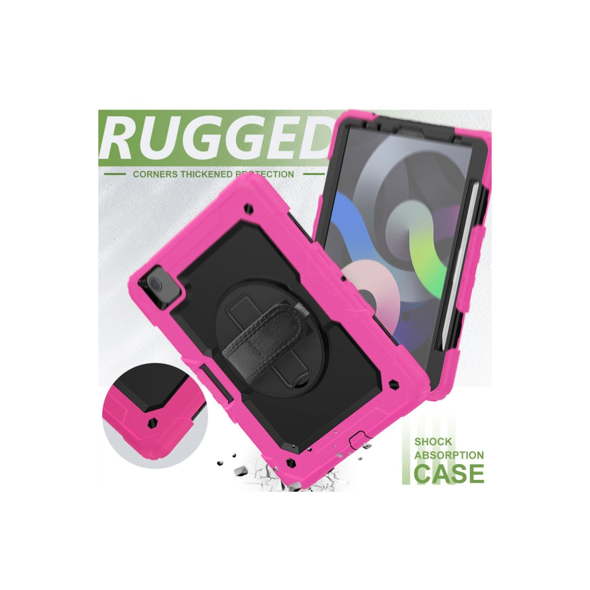 Pembe, dayanıklı tablet kılıfı, tutma yeri ve kalemliği bulunur.