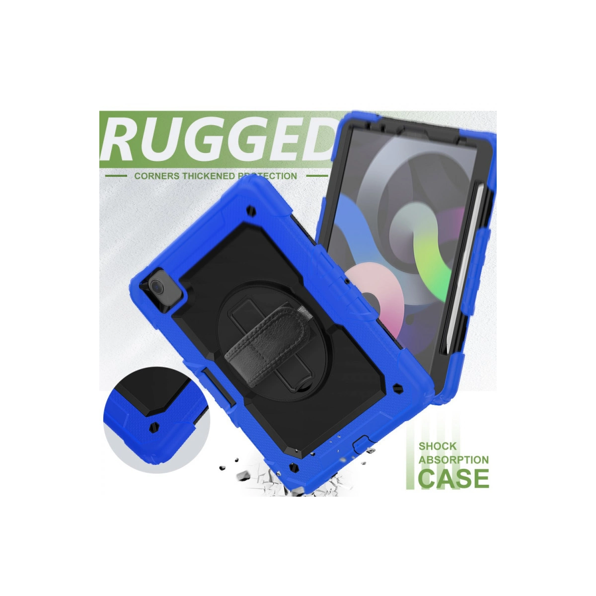 Sağlam mavi tablet kılıfı, siyah tutamak ve stantlı. Darbe emilimi.
