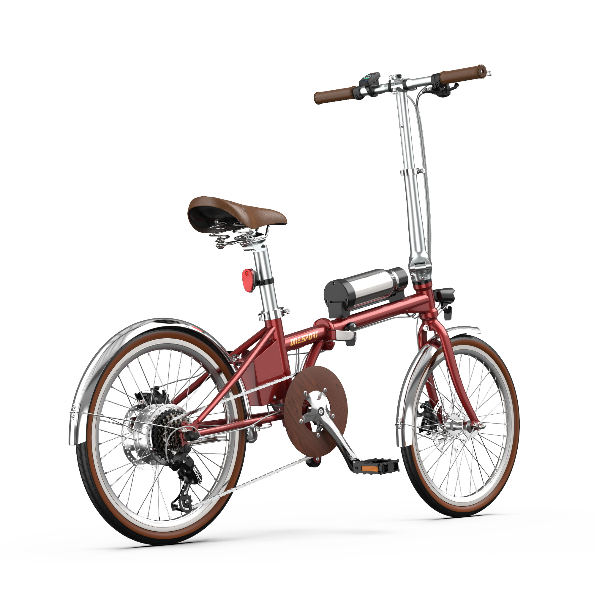 Bicicleta plegable roja con asiento y puños marrones, guardabarros plateados y batería.