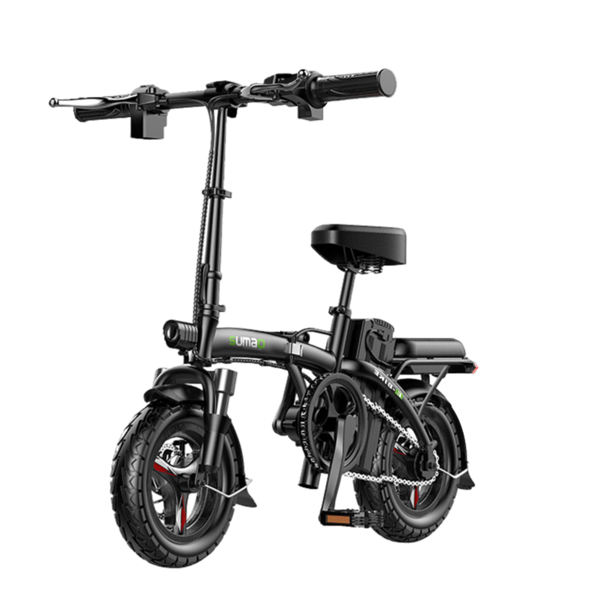 Czarny składany rower elektryczny z srebrnymi akcentami i czarnym bagażnikiem.