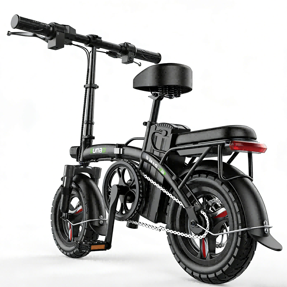 Czarny składany rower elektryczny z grubymi oponami, tylnym światłem i łańcuchem.
