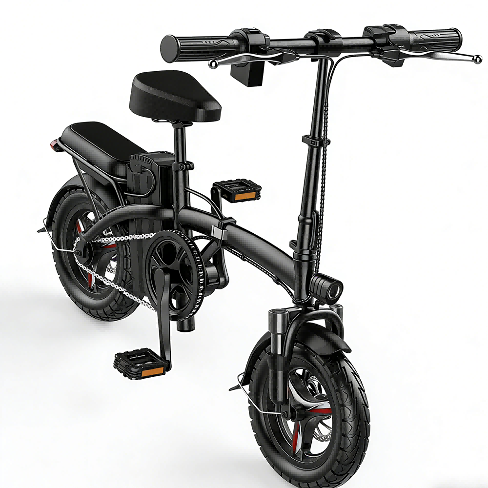 Czarny składany rower elektryczny z pedałami, siedzeniem, kierownicą i kołami.
