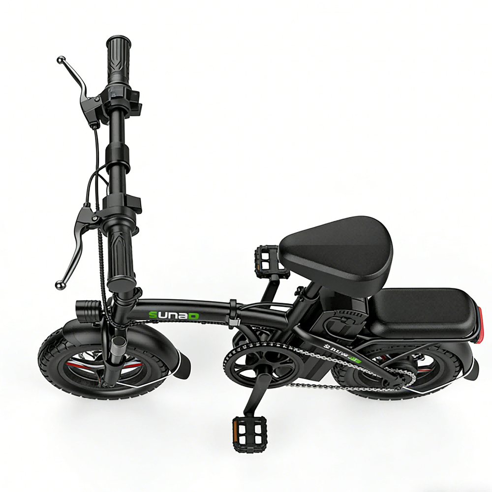 Czarny składany rower elektryczny z białym tłem, widok z boku.