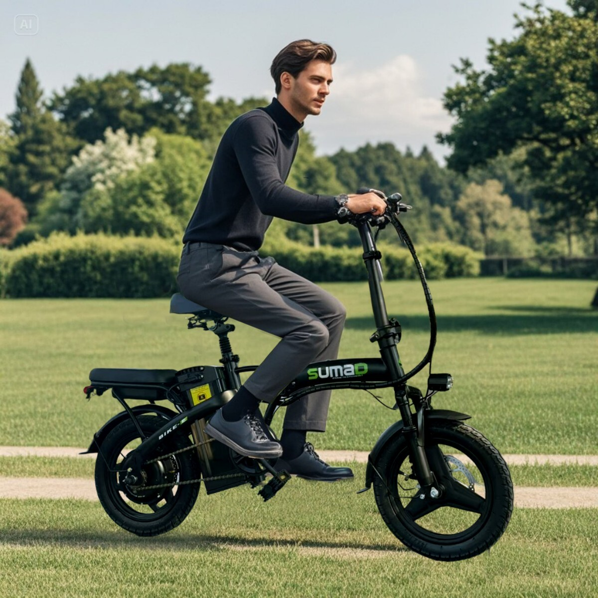 Mężczyzna jedzie na czarnym rowerze składanym po zielonym trawniku z drzewami.