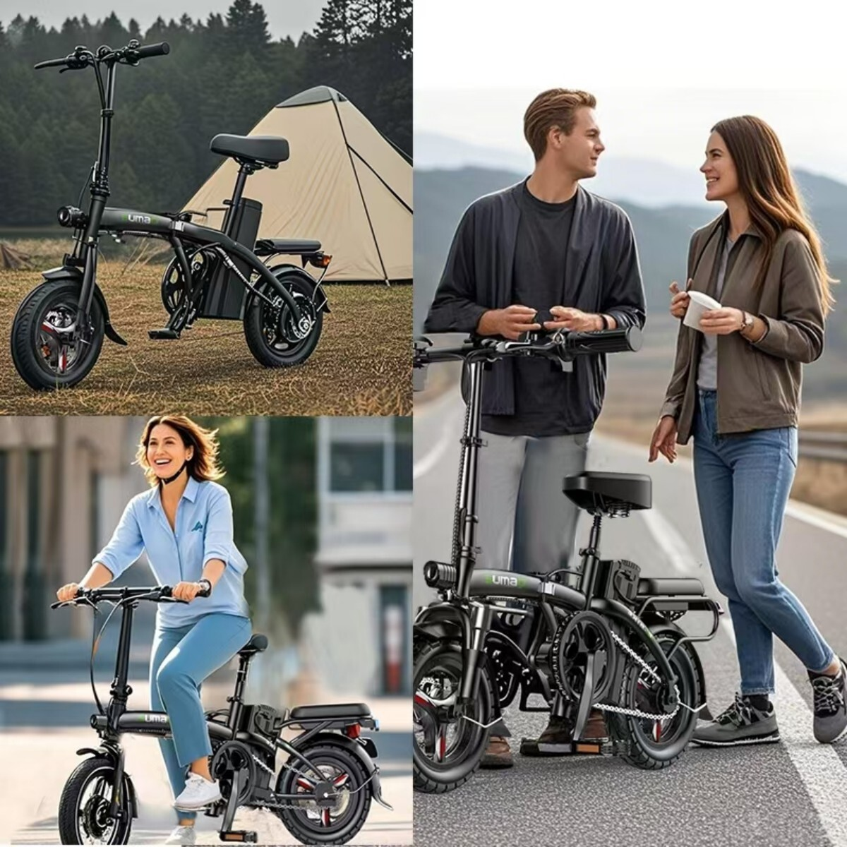 Kolaż osób z rowerami elektrycznymi: kemping, jazda i spacer po drodze.