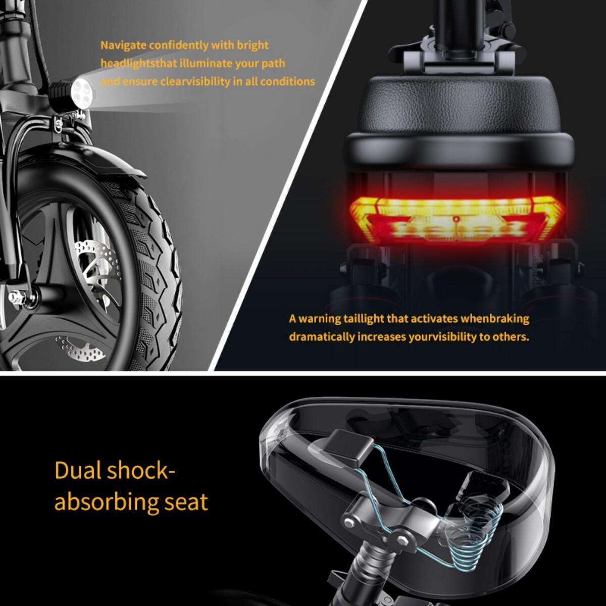 Rower z jasnym reflektorem, światłem tylnym i amortyzującym siedzeniem.