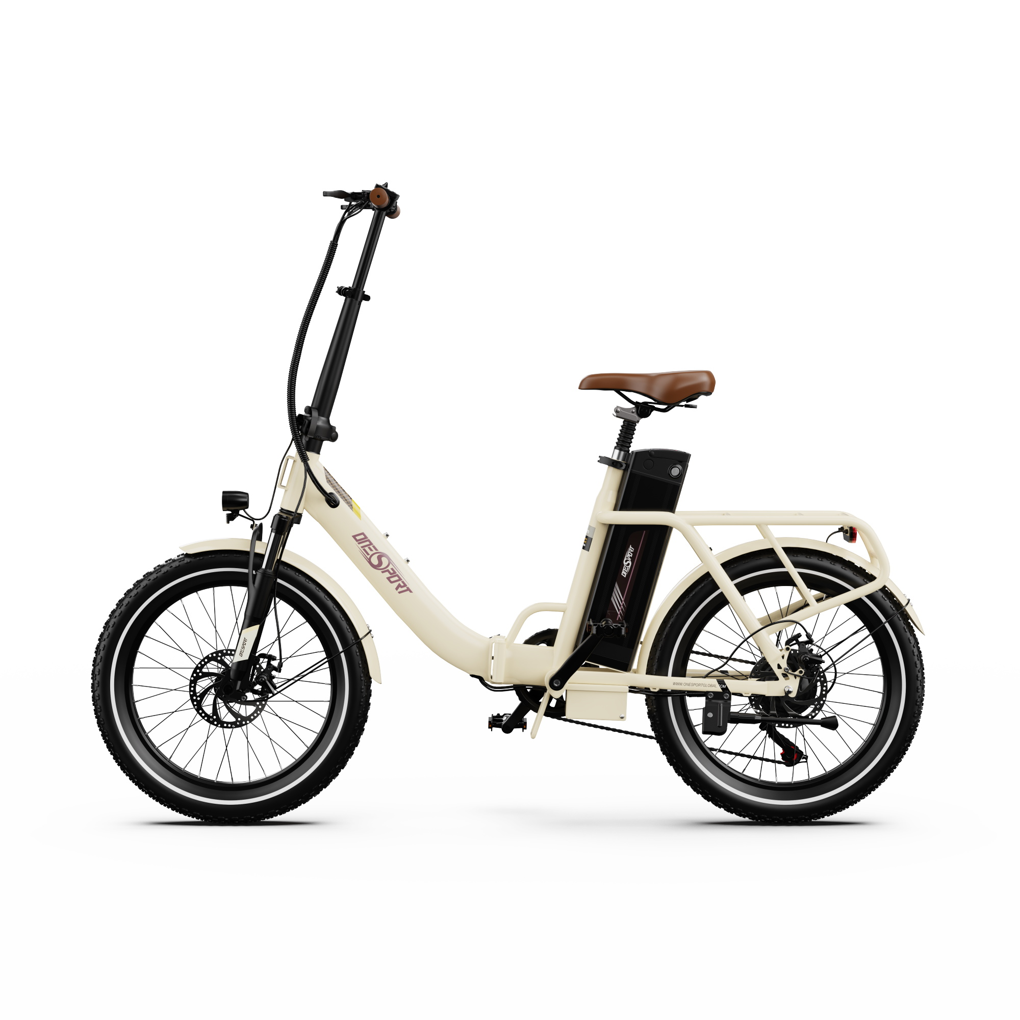 Una bici elettrica color crema con sella marrone, batteria nera e portapacchi.