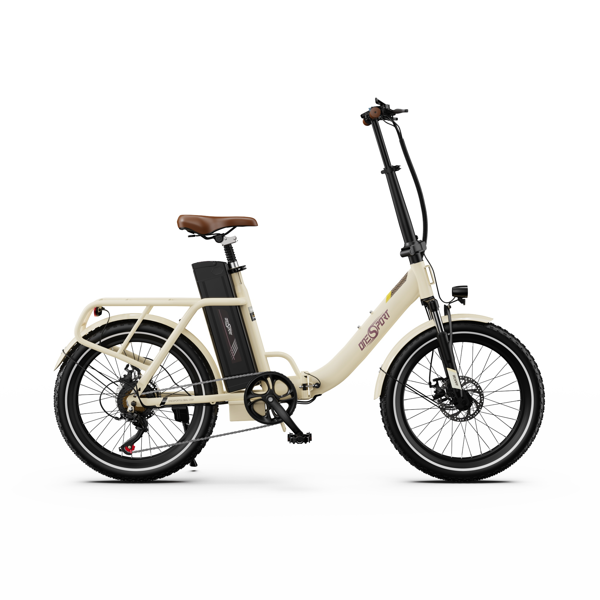 Una bici elettrica color crema con sella marrone, batteria nera e portapacchi.