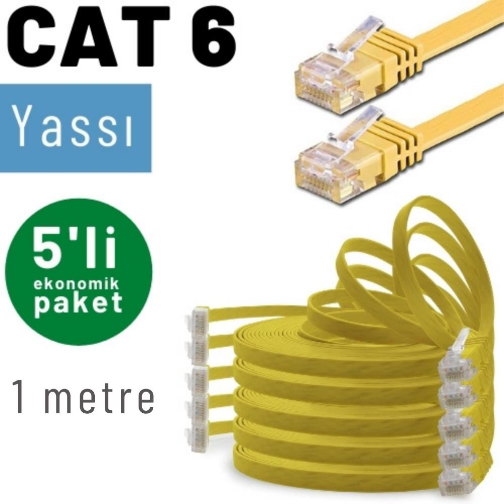 Düz sarı CAT 6 ağ kabloları RJ45 konektörlü, 1 metre, 5'li paket.