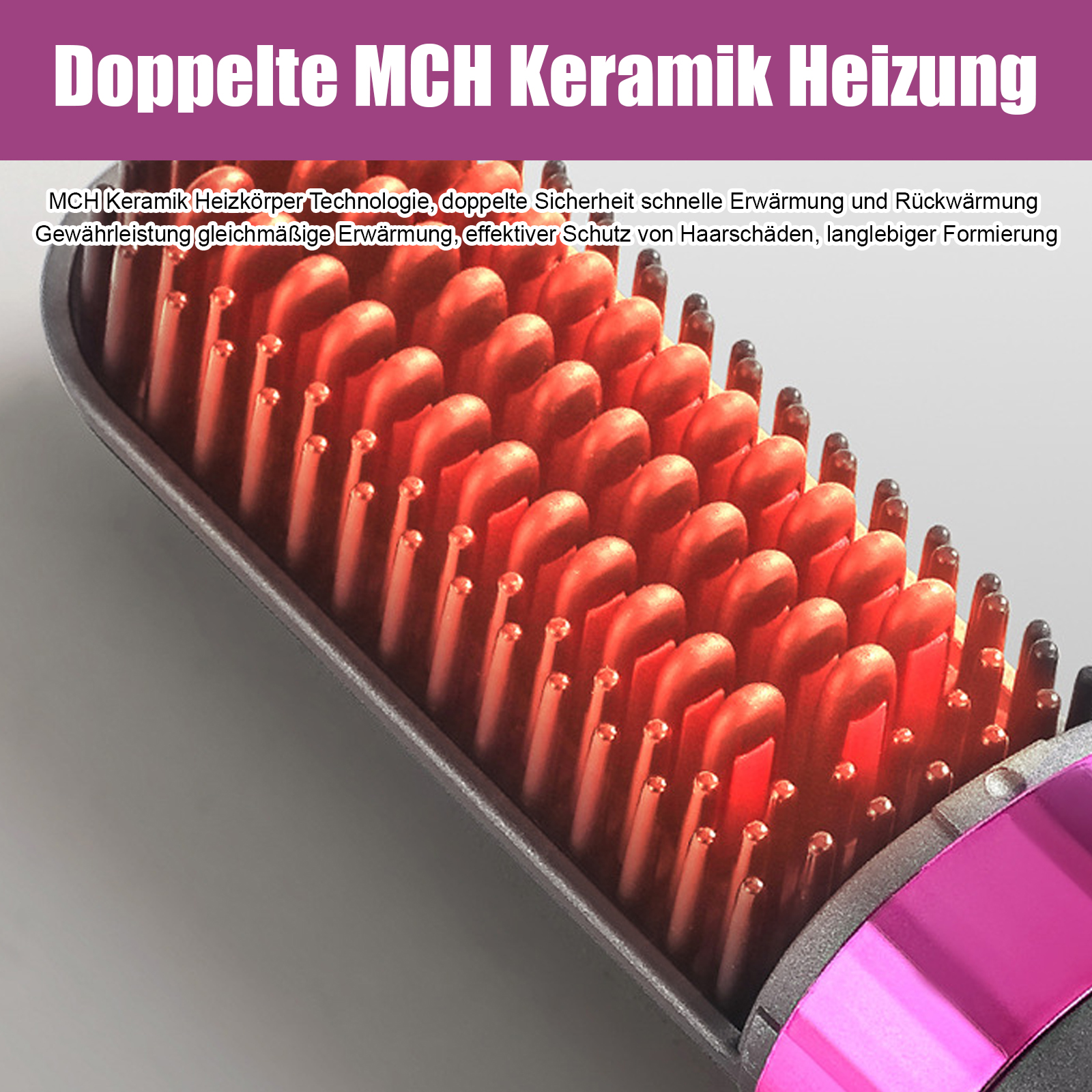 Doppelte MCH Keramik Heizung mit roten Borsten und pinkem Griff.