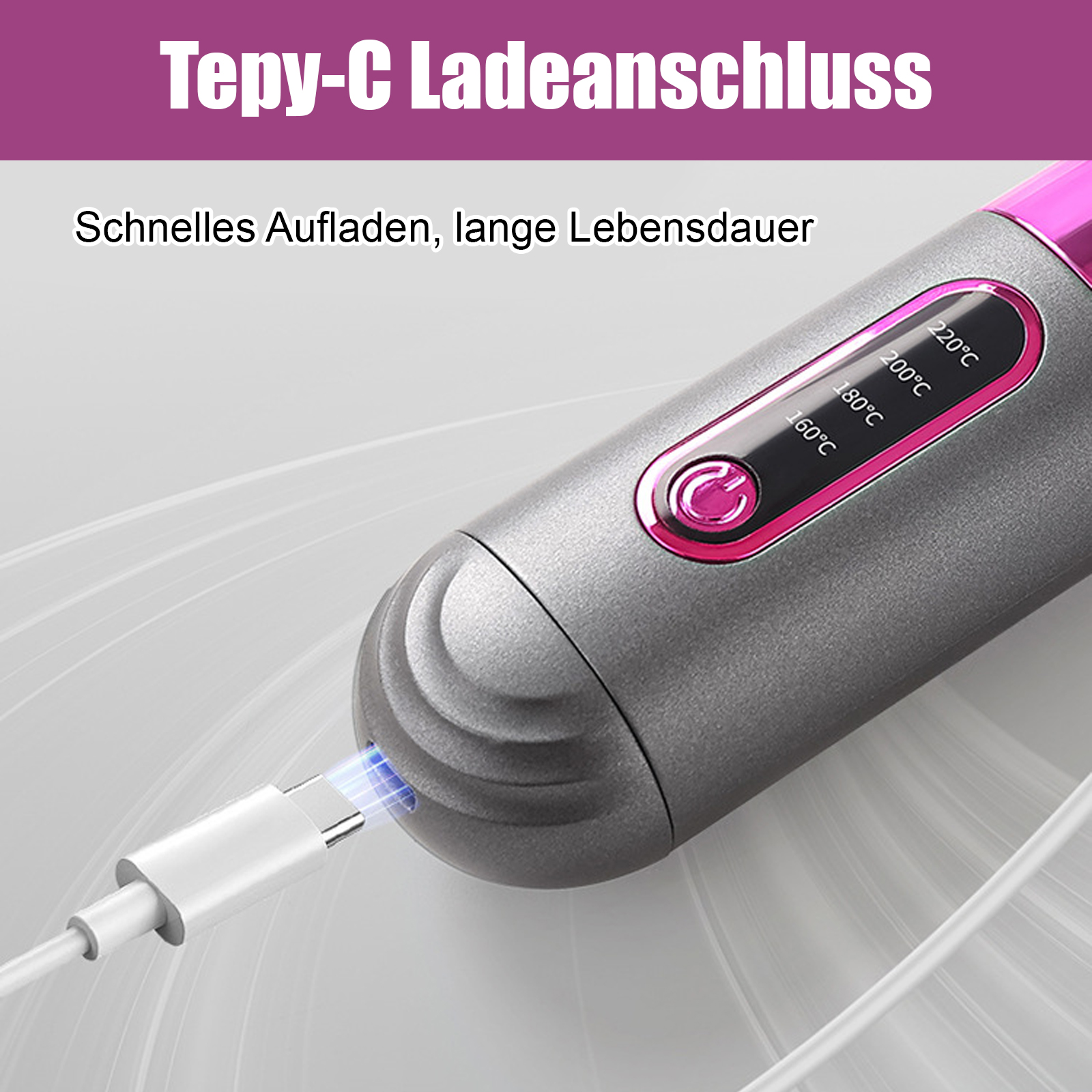 Ein USB-C-Kabel wird in ein graues Gerät mit Temperatureinstellungen und einem Pinknopf gesteckt.