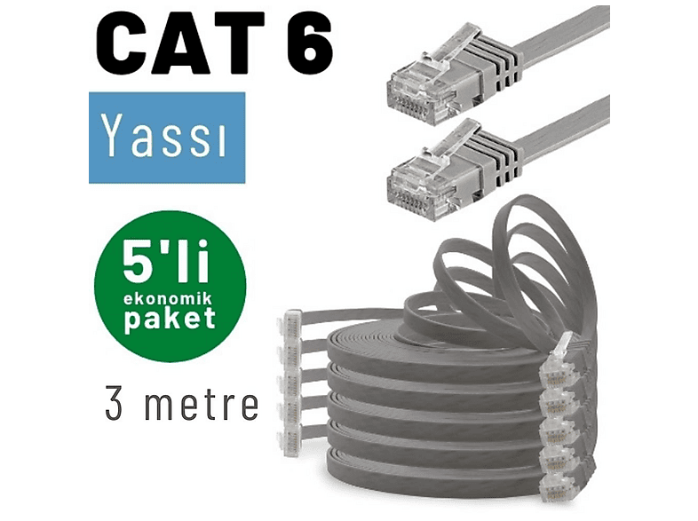 IRENIS 5 Adet 3 m CAT6 Kablo Yassı Network Lan Ağ İnternet Ethernet Kablosu